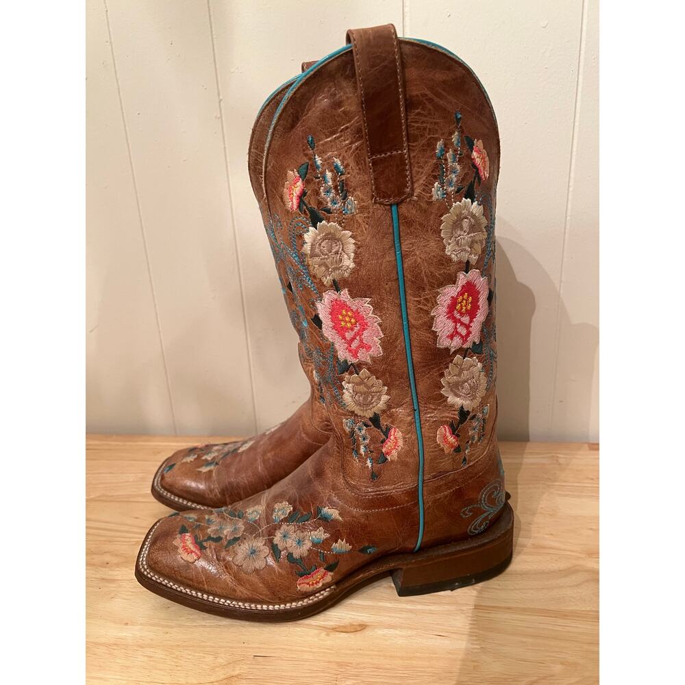 Embroidered Floral Brown Leather Ankle Western Boots